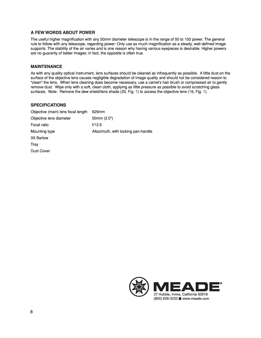 Meade Meade 50AZ-P instruction manual A Few Words About Power, Maintenance, Specifications 
