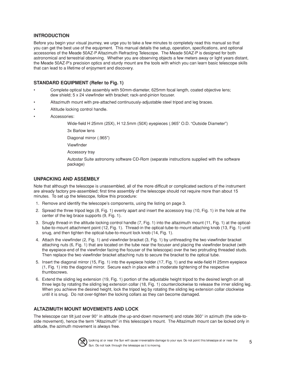 Meade Meade 50AZ-P instruction manual Introduction, Standard Equipment Refer to Fig, Unpacking and Assembly 