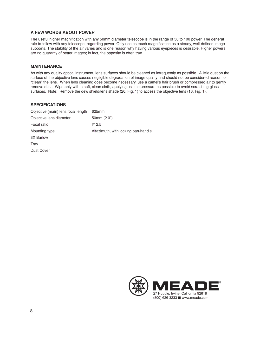 Meade Meade 50AZ-P instruction manual FEW Words about Power, Maintenance, Specifications 