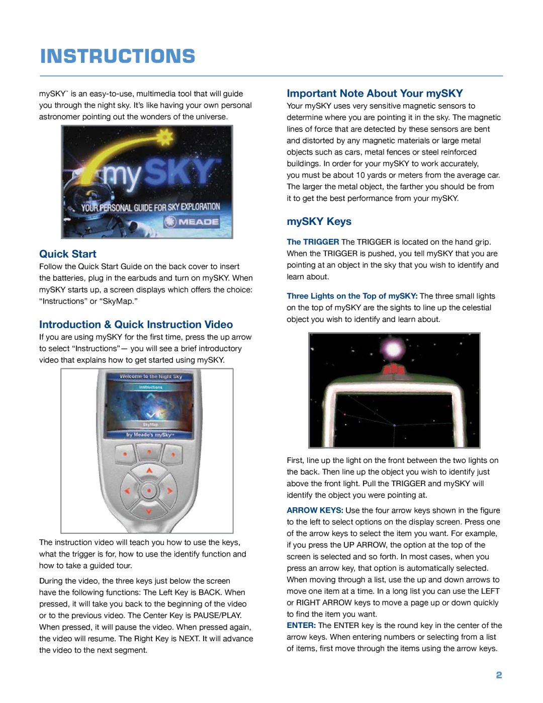 Meade mySKY Plus Quick Start, Introduction & Quick Instruction Video, Important Note About Your mySKY, MySKY Keys 