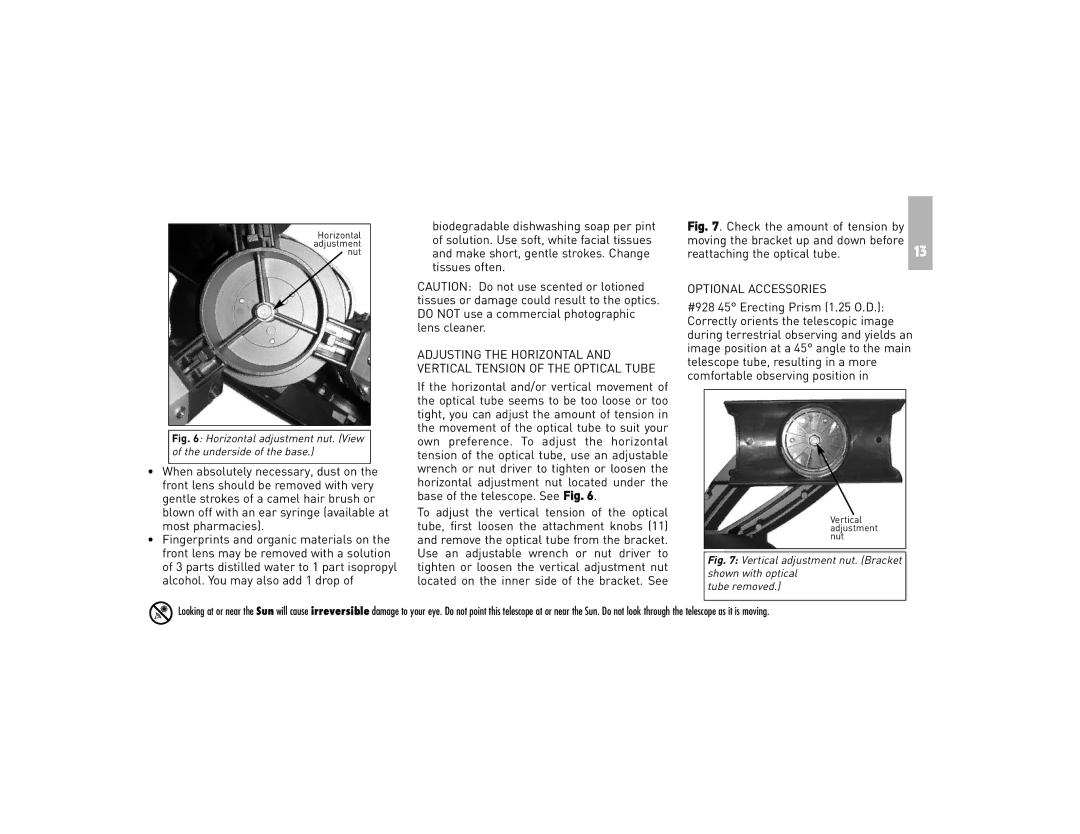 Meade NG70-SM instruction manual Optional Accessories, Horizontal adjustment nut. View of the underside of the base 