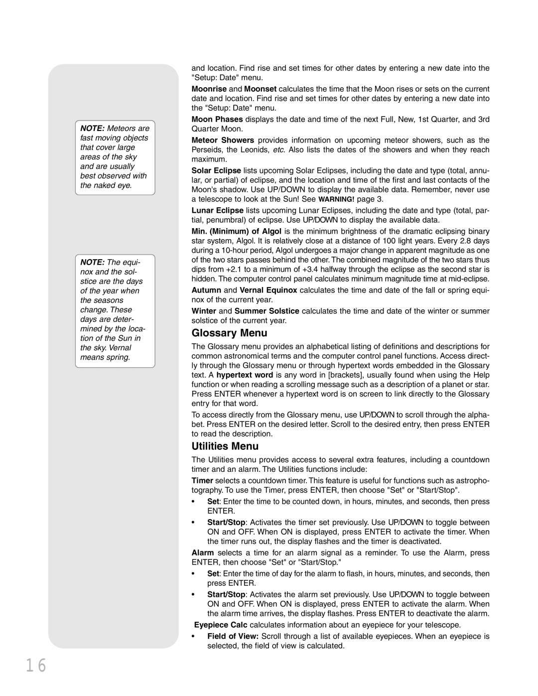 Meade NGC instruction manual Glossary Menu, Utilities Menu 