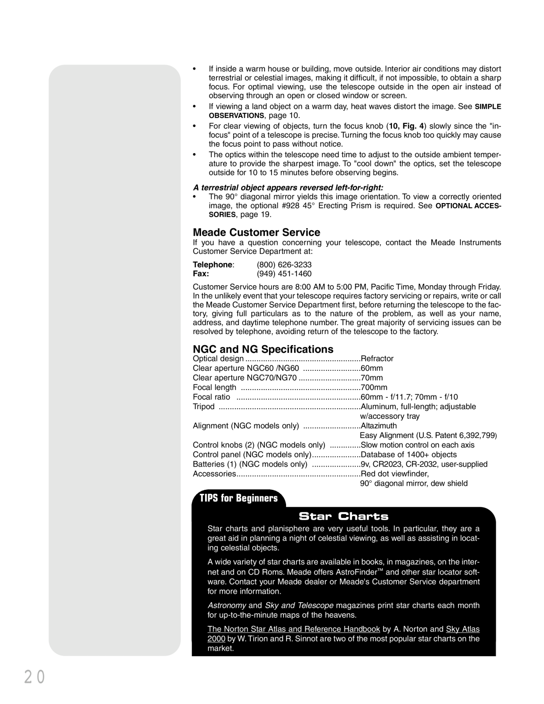 Meade instruction manual Meade Customer Service, NGC and NG Specifications, TIPS for Beginners Star Charts 