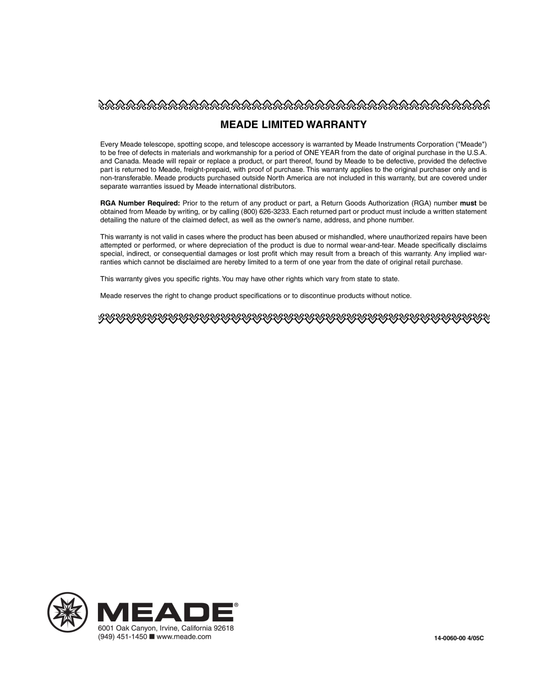 Meade NGC instruction manual Meade Limited Warranty, 14-0060-00 4/05C 