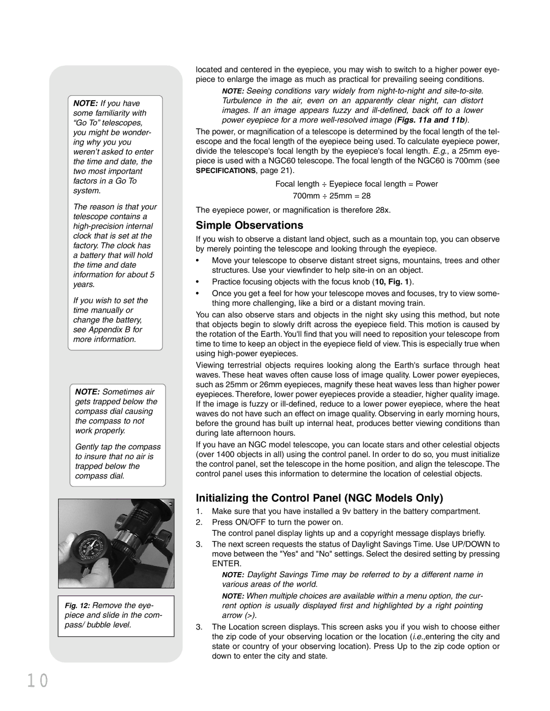 Meade instruction manual Simple Observations, Initializing the Control Panel NGC Models Only 