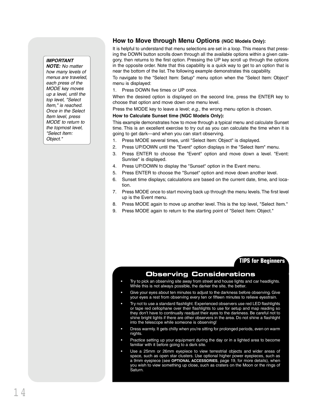 Meade instruction manual How to Move through Menu Options NGC Models Only, Tips for Beginners Observing Considerations 