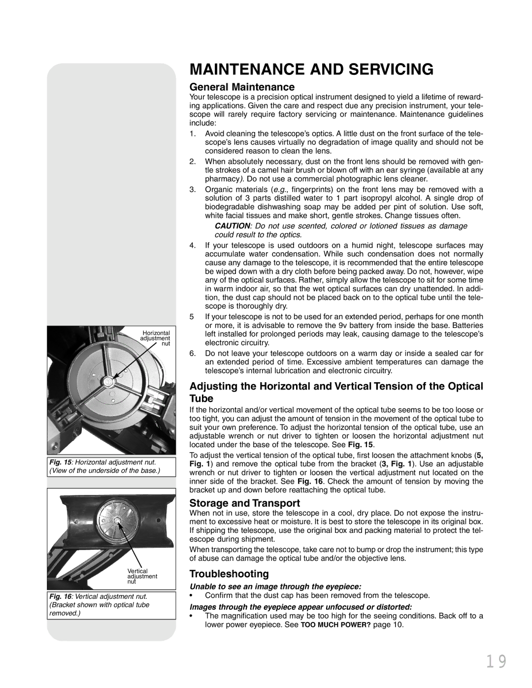 Meade NGC instruction manual Maintenance and Servicing, General Maintenance, Storage and Transport, Troubleshooting 