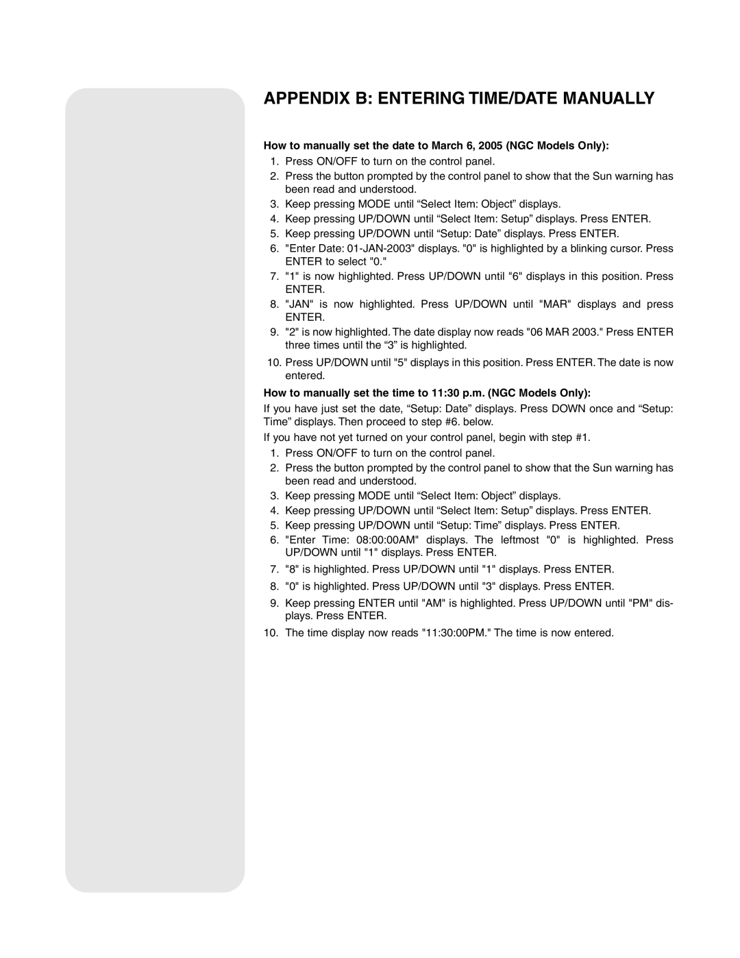 Meade Appendix B Entering TIME/DATE Manually, How to manually set the time to 1130 p.m. NGC Models Only 
