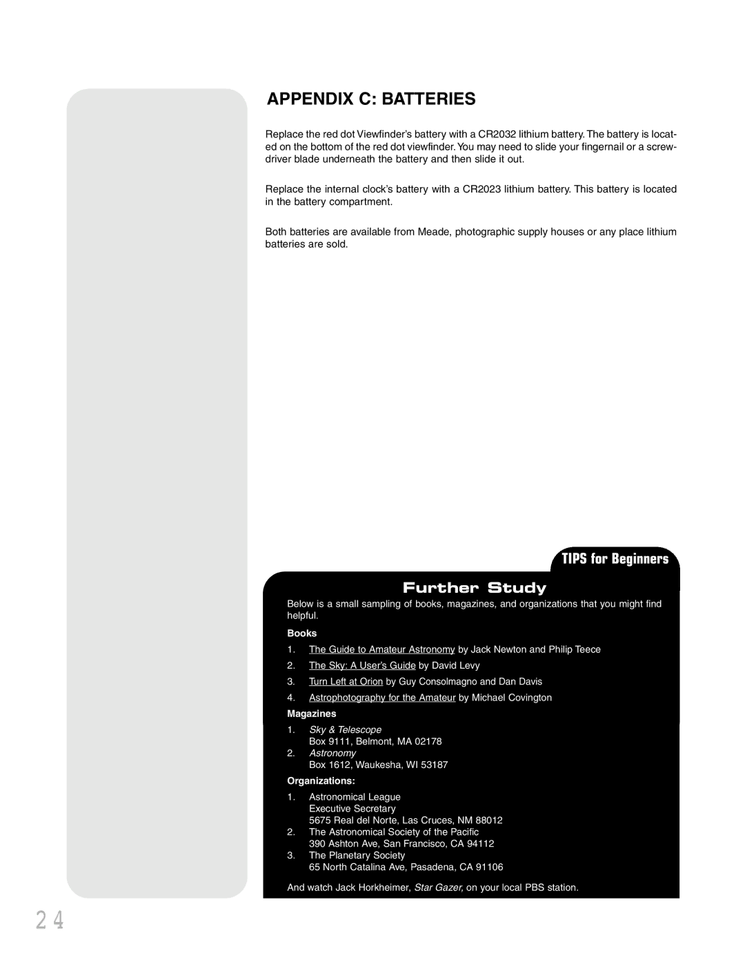 Meade NGC instruction manual Appendix C Batteries, Tips for Beginners Further Study 