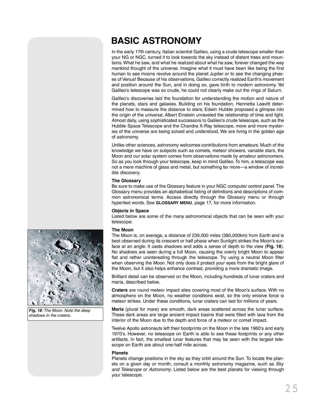 Meade NGC instruction manual Basic Astronomy, Glossary, Objects in Space, Moon, Planets 