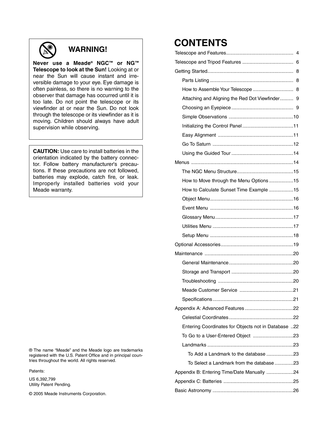 Meade NGC instruction manual Contents 