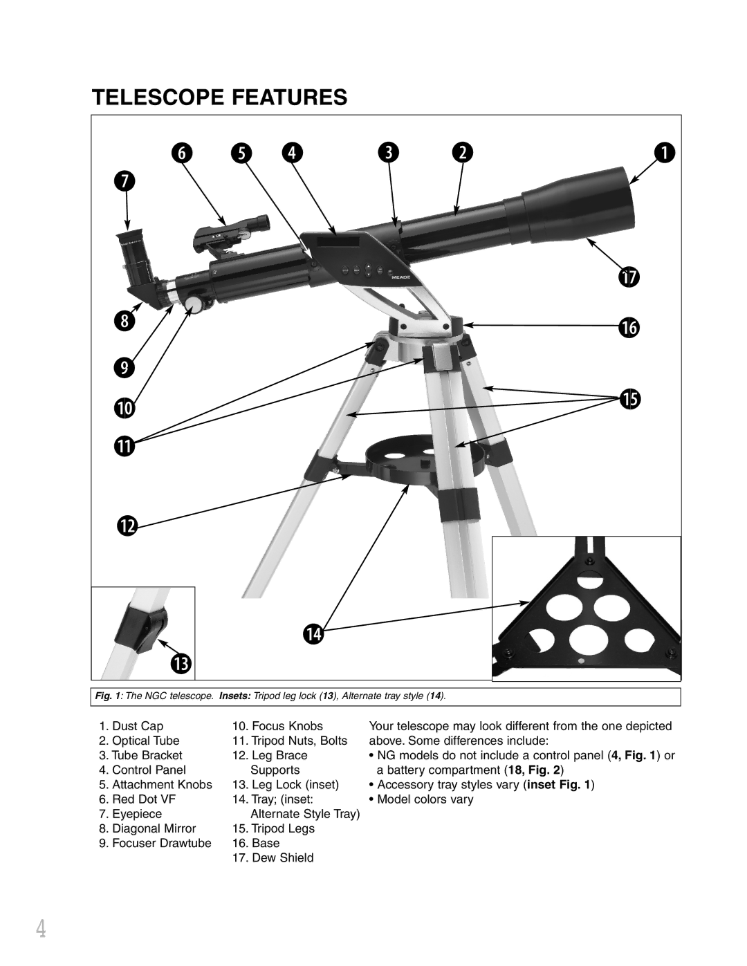 Meade NGC instruction manual Telescope Features 