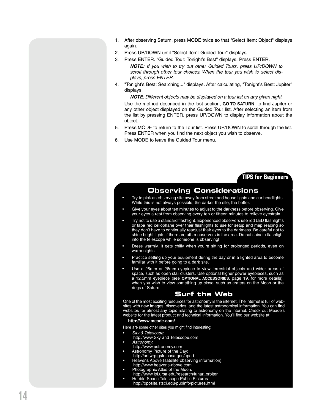 Meade NGC-Series, NG-Series instruction manual Tips for Beginners Observing Considerations, Surf the Web 