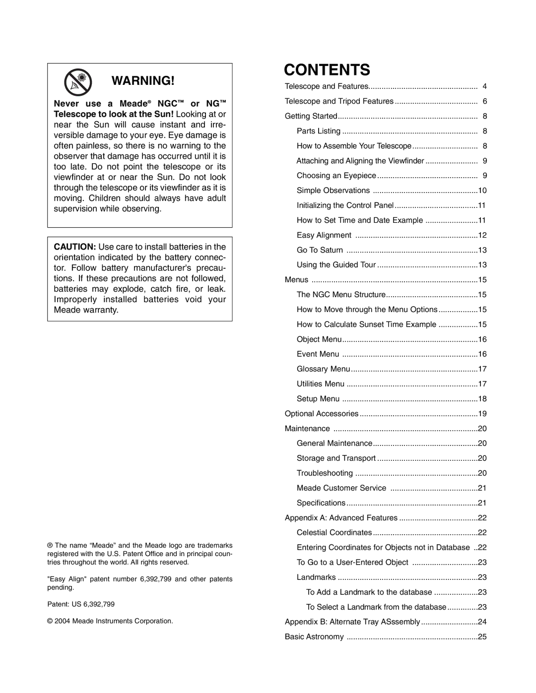 Meade NG-Series, NGC-Series instruction manual Contents 