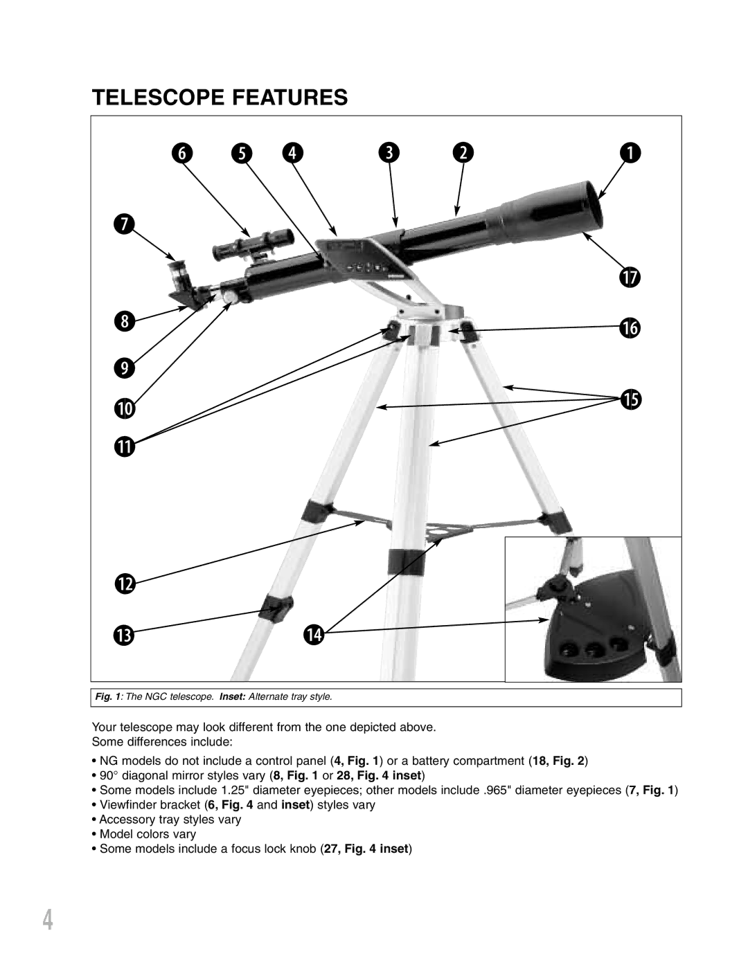 Meade NGC-Series, NG-Series instruction manual Telescope Features, NGC telescope. Inset Alternate tray style 