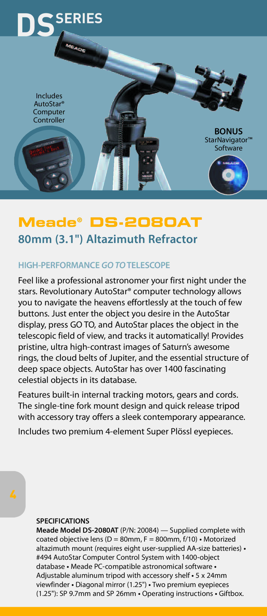 Meade pmn manual Meade DS-2080AT, 80mm 3.1 Altazimuth Refractor, HIGH-PERFORMANCE GO to Telescope 