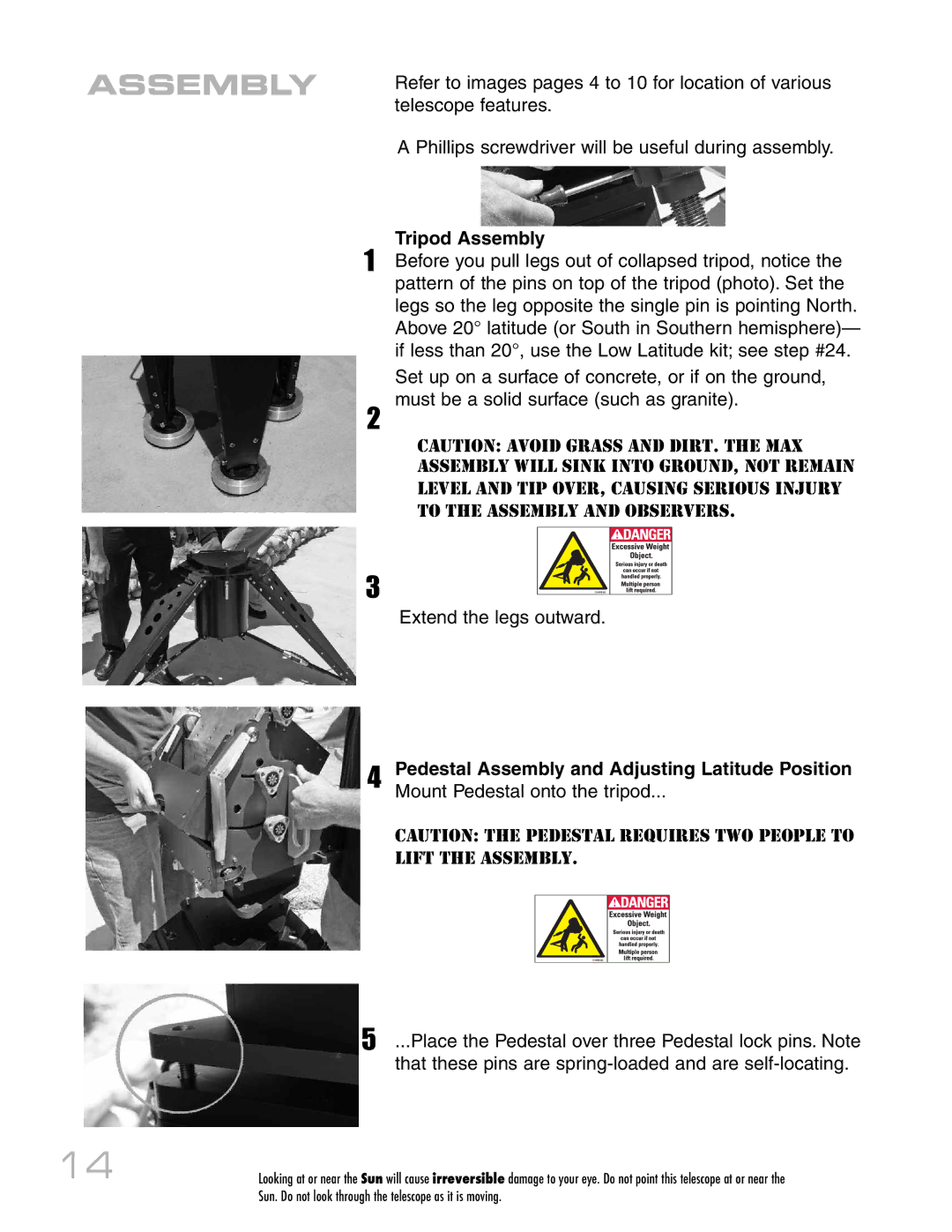 Meade RCX400 instruction manual Tripod Assembly, Pedestal Assembly and Adjusting Latitude Position 