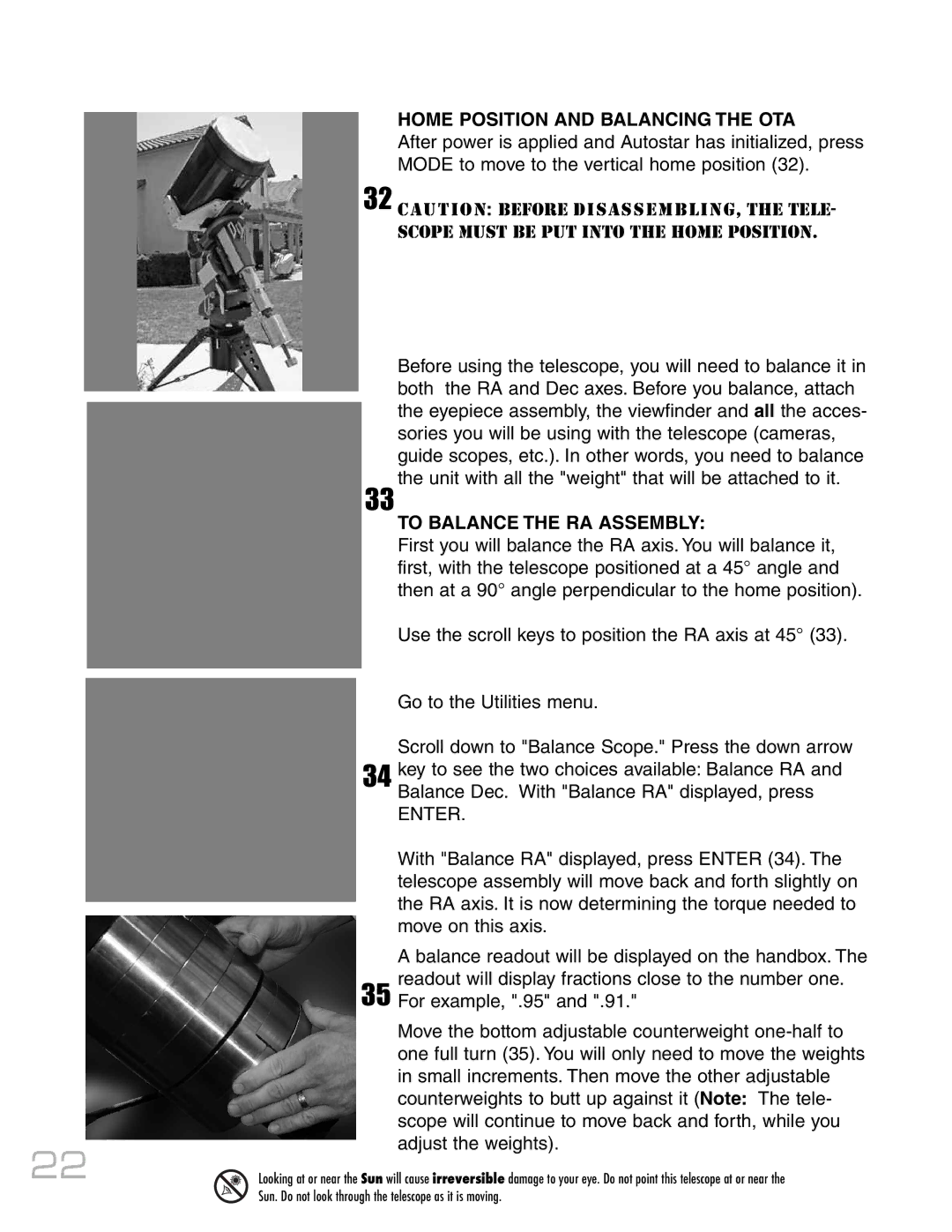 Meade RCX400 instruction manual Home Position and Balancing the OTA 