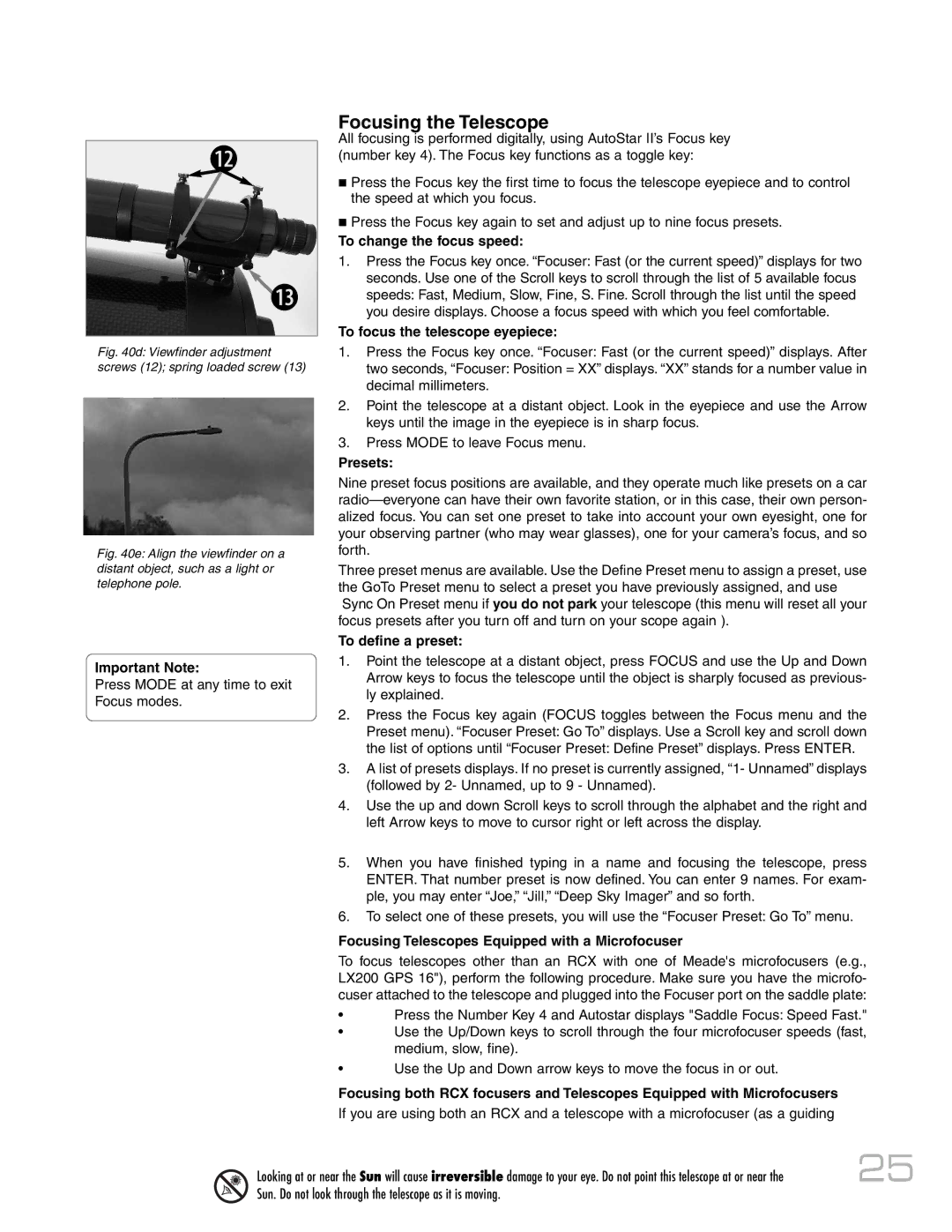 Meade RCX400 instruction manual Focusing the Telescope 