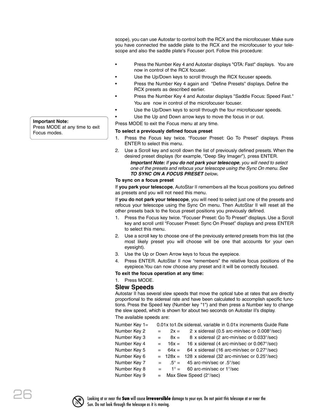 Meade RCX400 instruction manual Slew Speeds, To select a previously defined focus preset, To sync on a focus preset 