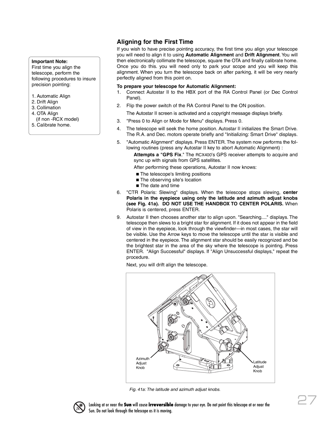 Meade RCX400 instruction manual Aligning for the First Time, To prepare your telescope for Automatic Alignment 