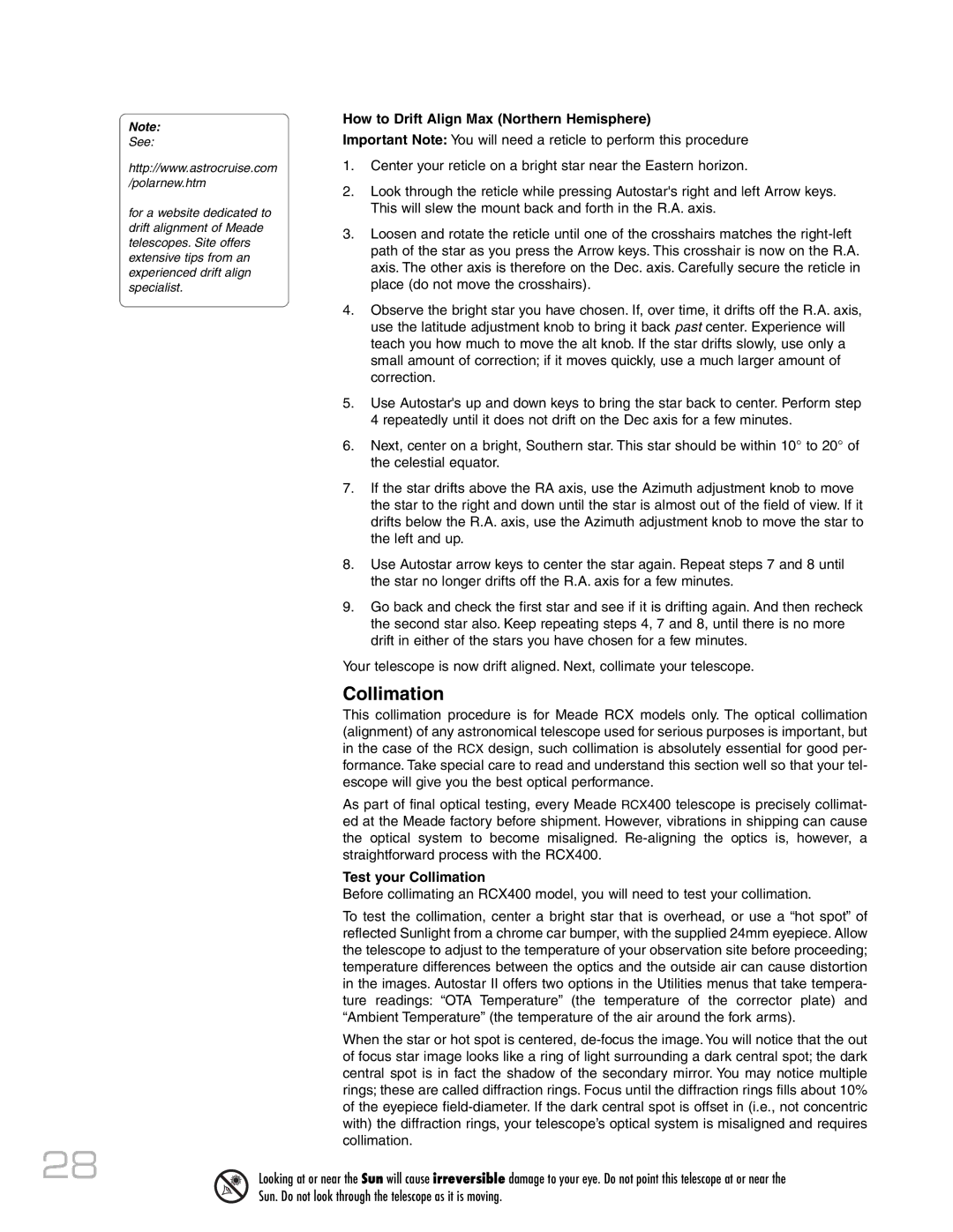 Meade RCX400 instruction manual How to Drift Align Max Northern Hemisphere, Test your Collimation 