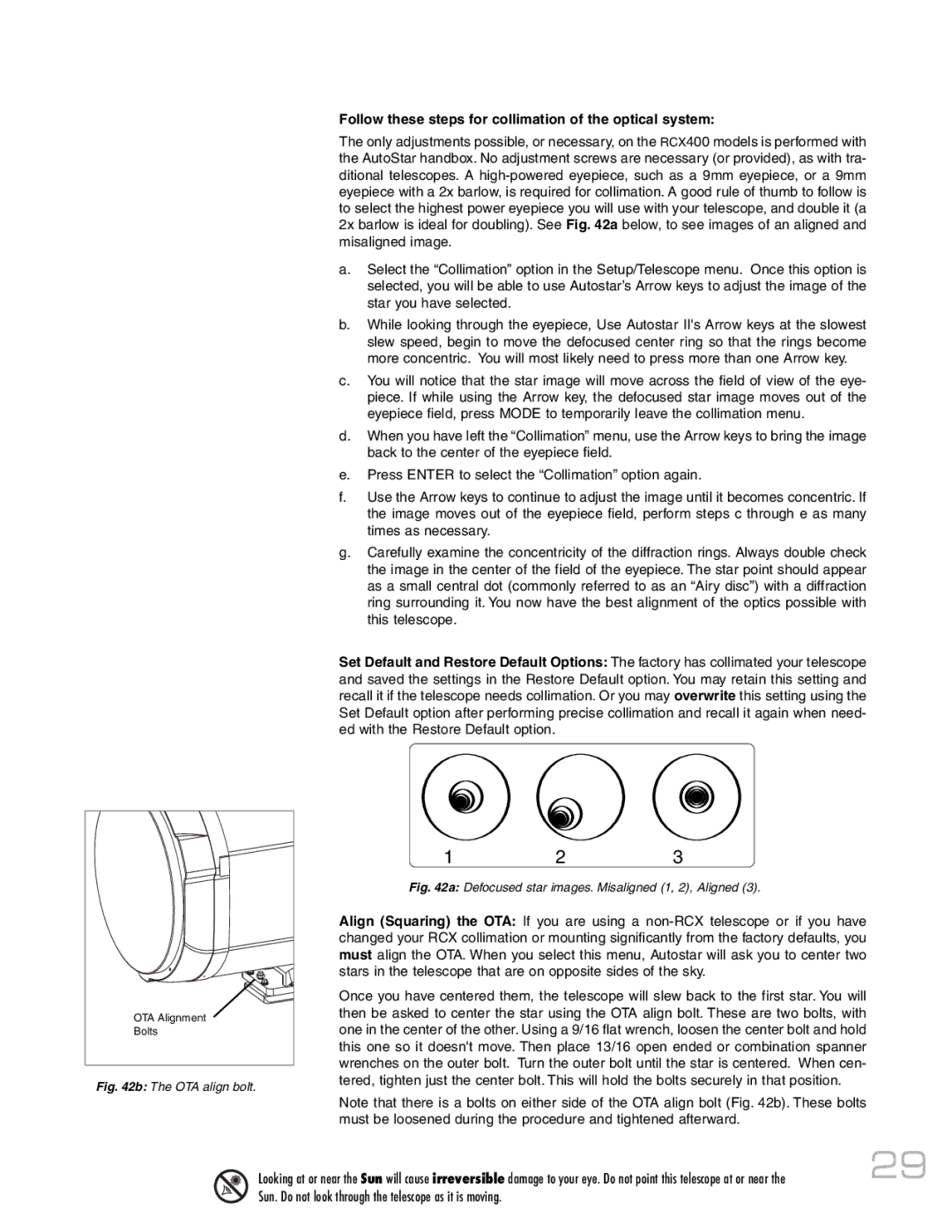 Meade RCX400 Follow these steps for collimation of the optical system, Defocused star images. Misaligned 1, 2, Aligned 