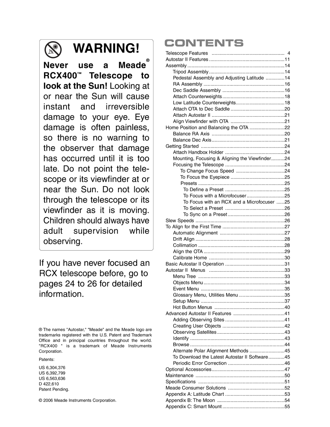 Meade RCX400 instruction manual Contents 