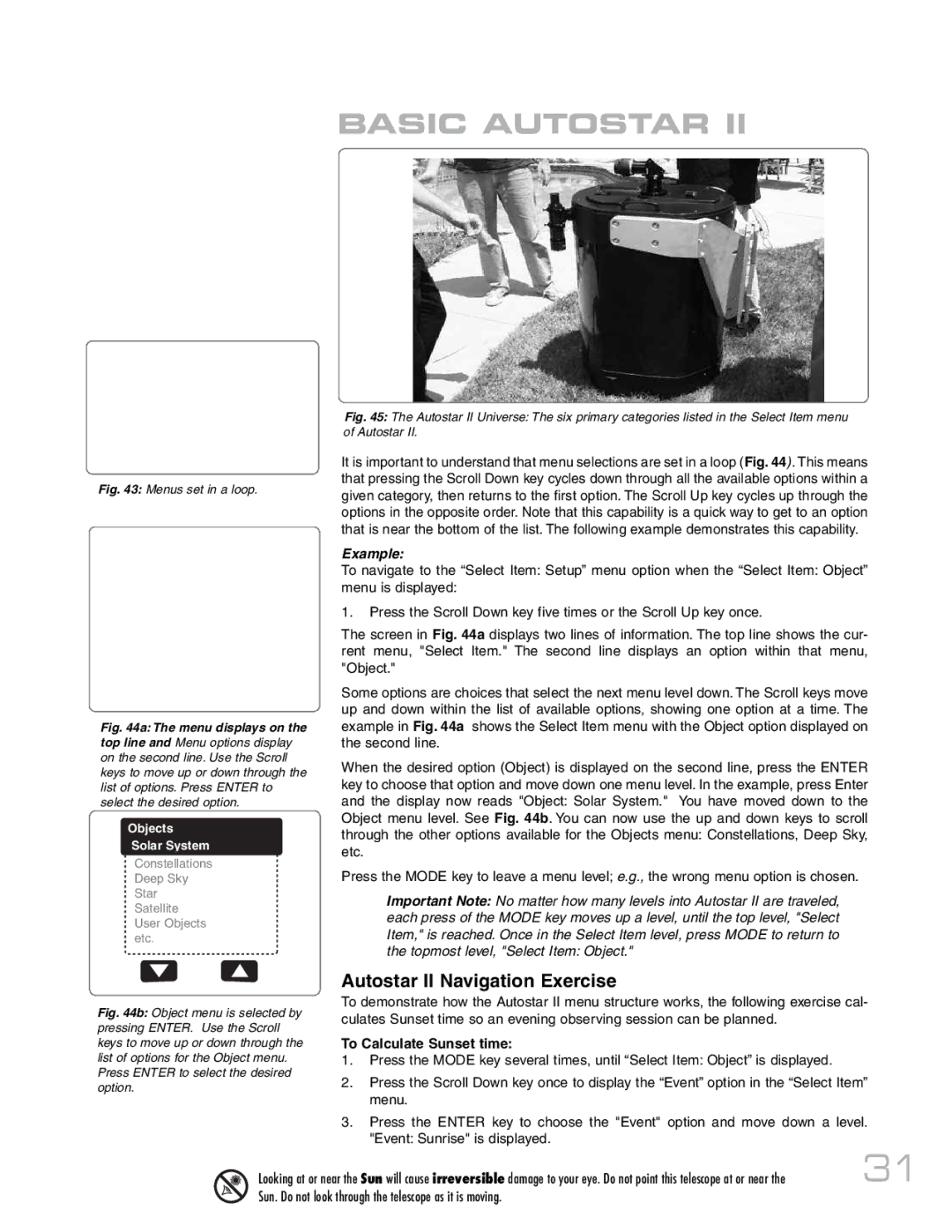 Meade RCX400 instruction manual Basic Autostar, Autostar II Navigation Exercise, To Calculate Sunset time 