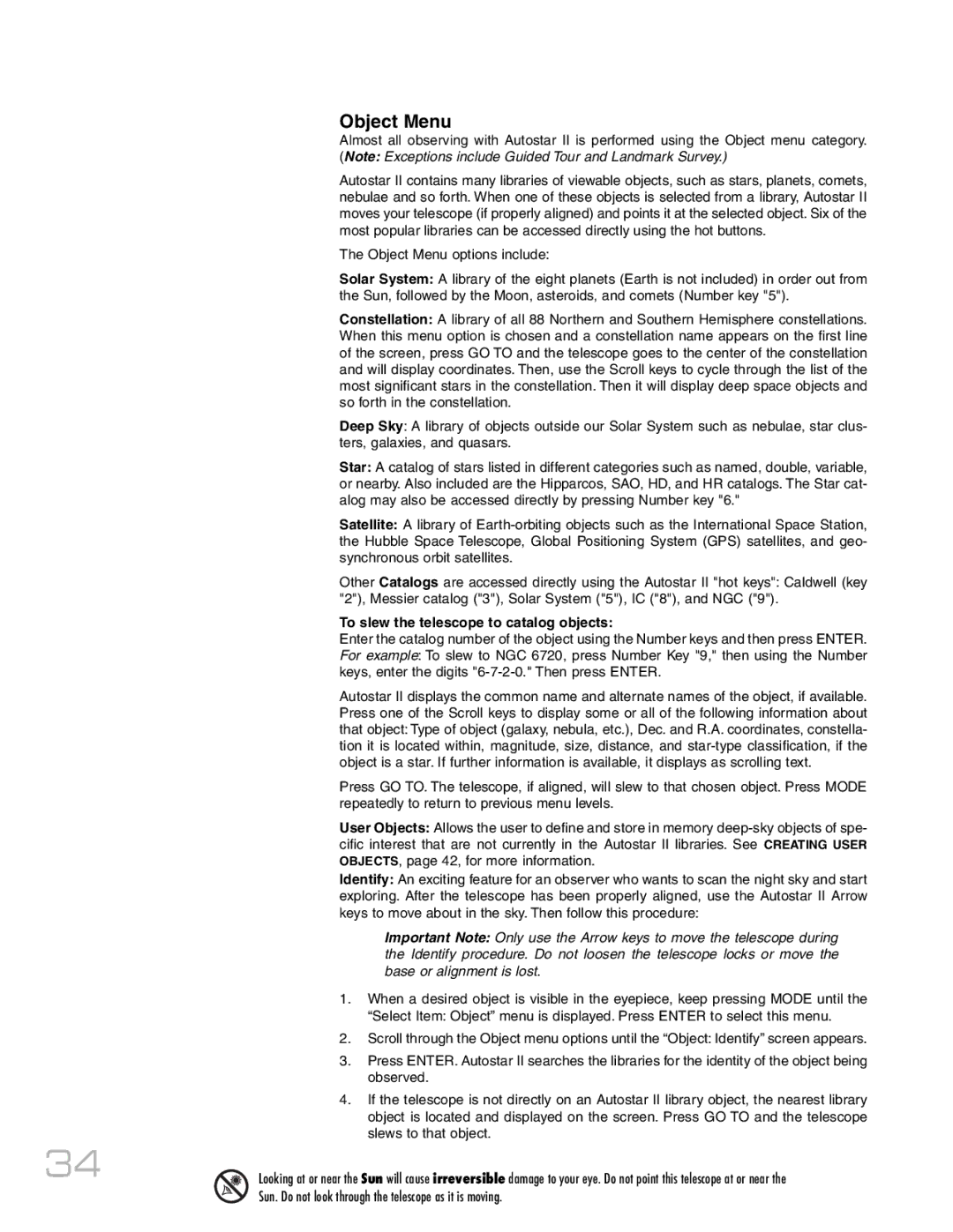 Meade RCX400 instruction manual Object Menu, To slew the telescope to catalog objects 