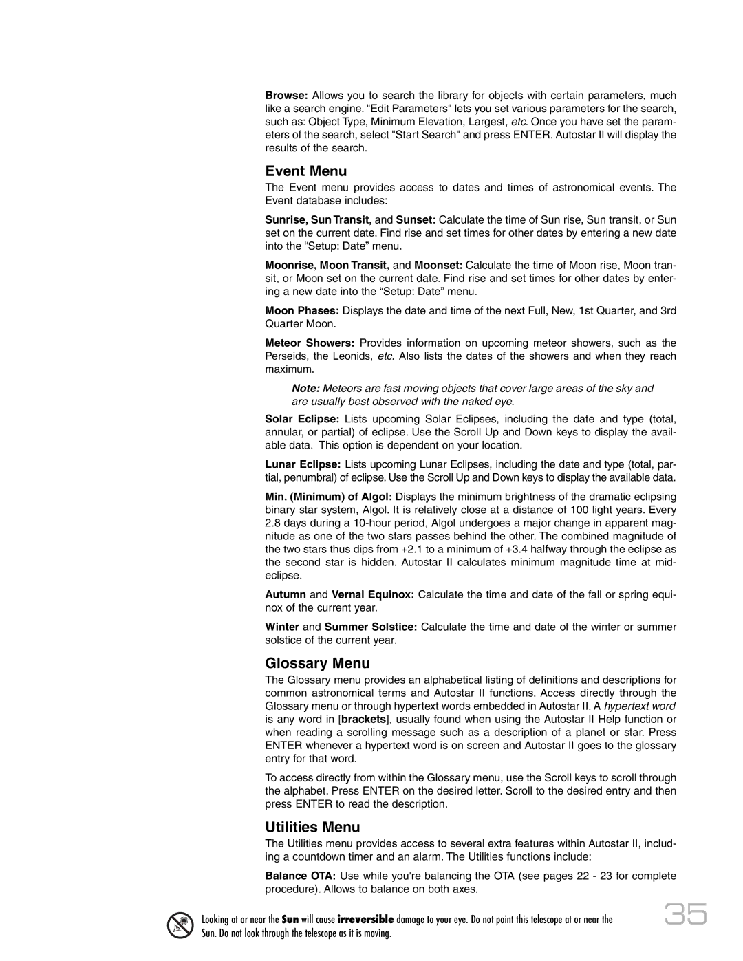 Meade RCX400 instruction manual Event Menu, Glossary Menu, Utilities Menu 