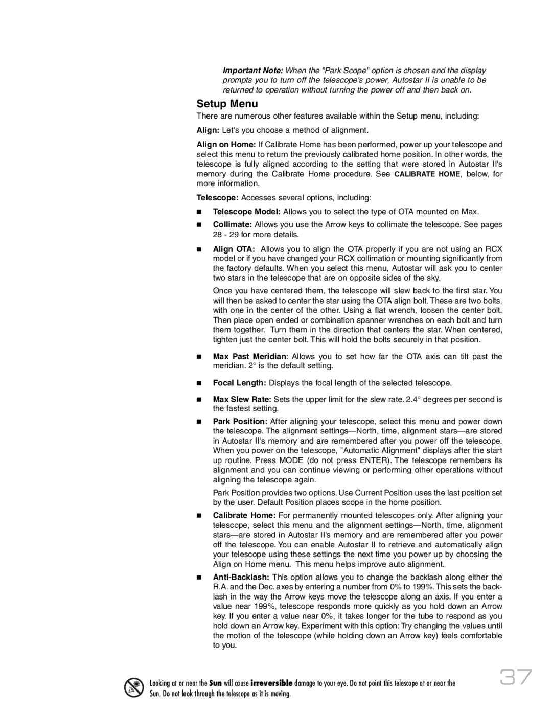 Meade RCX400 instruction manual Setup Menu 