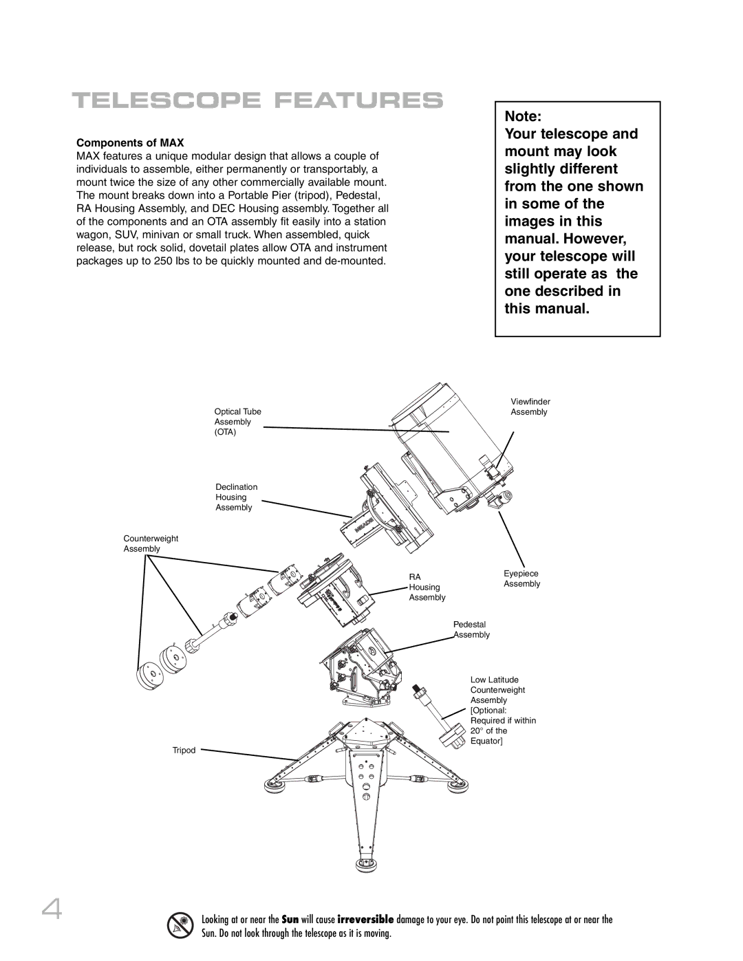 Meade RCX400 instruction manual Telescope Features, Components of MAX 