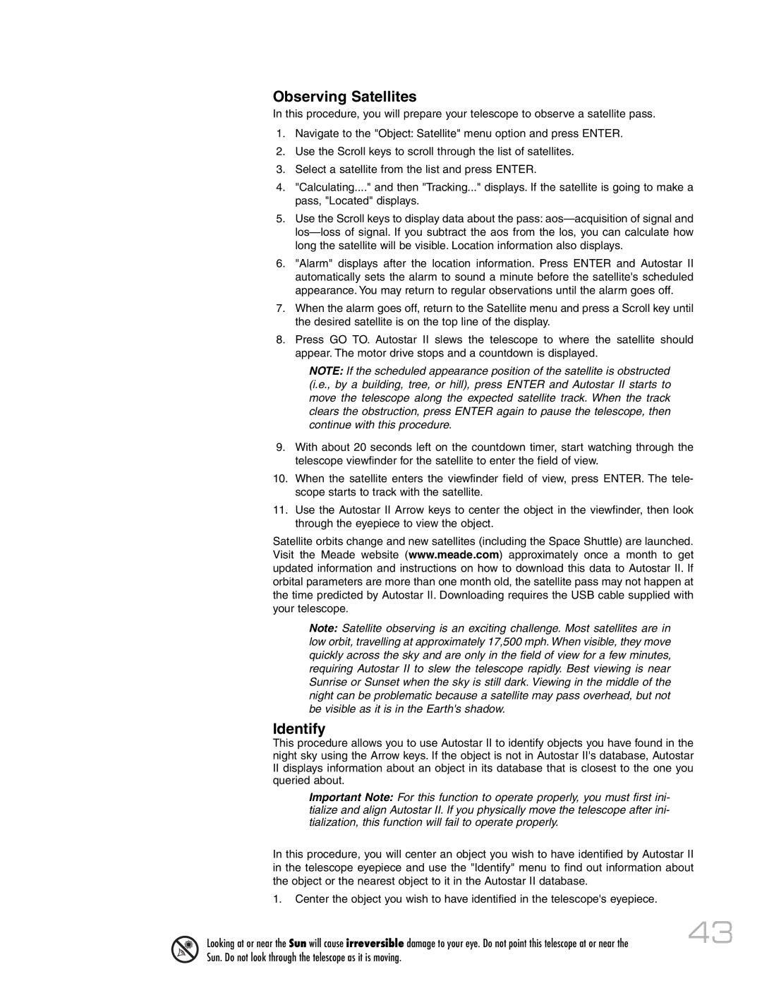 Meade RCX400 instruction manual Observing Satellites, Identify 