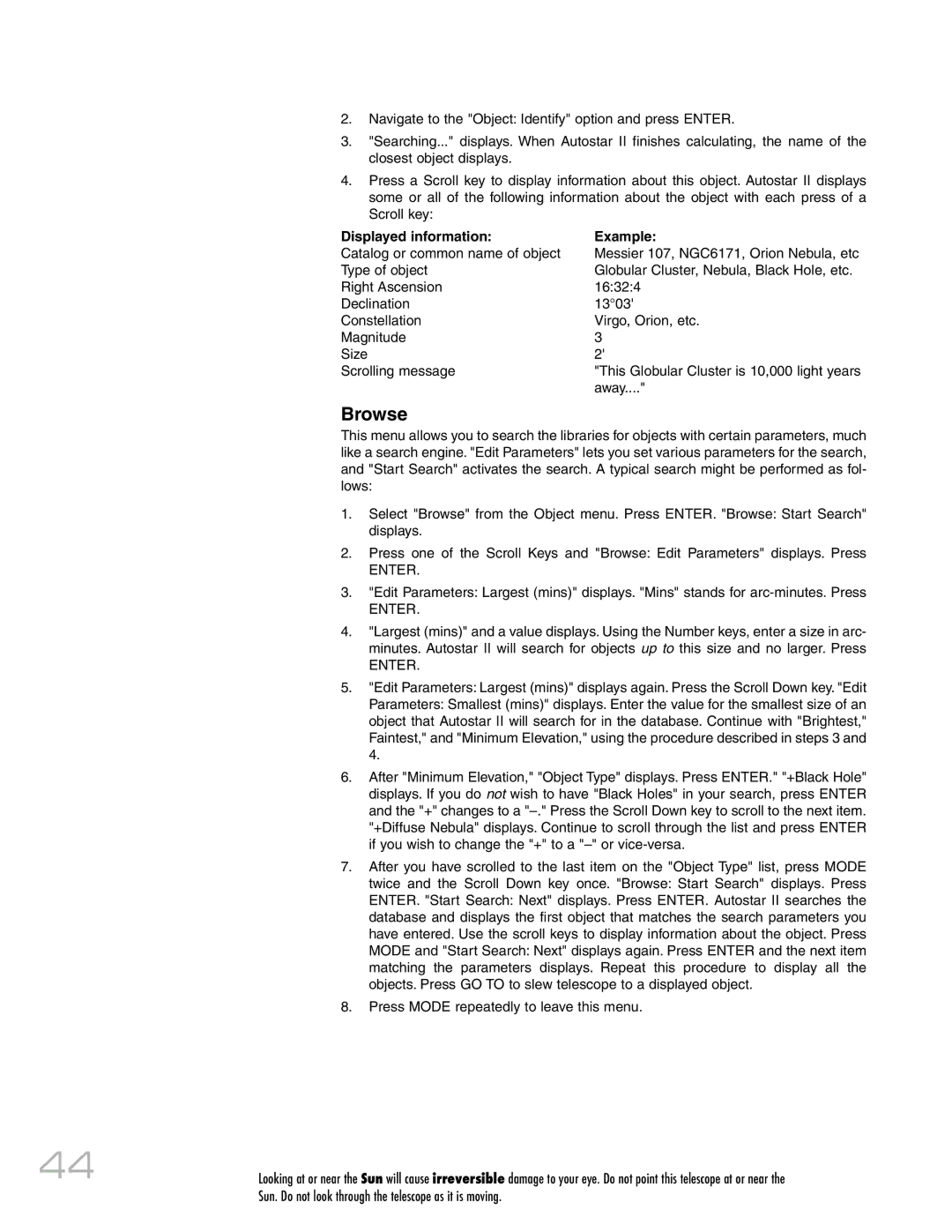 Meade RCX400 instruction manual Browse, Displayed information Example 