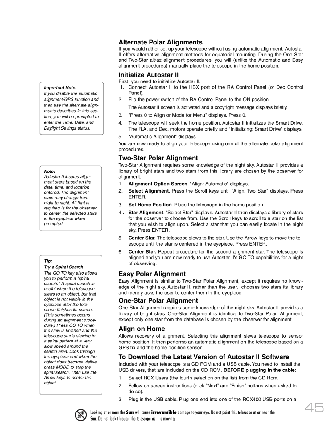 Meade RCX400 Alternate Polar Alignments, Initialize Autostar, Two-Star Polar Alignment, Easy Polar Alignment 