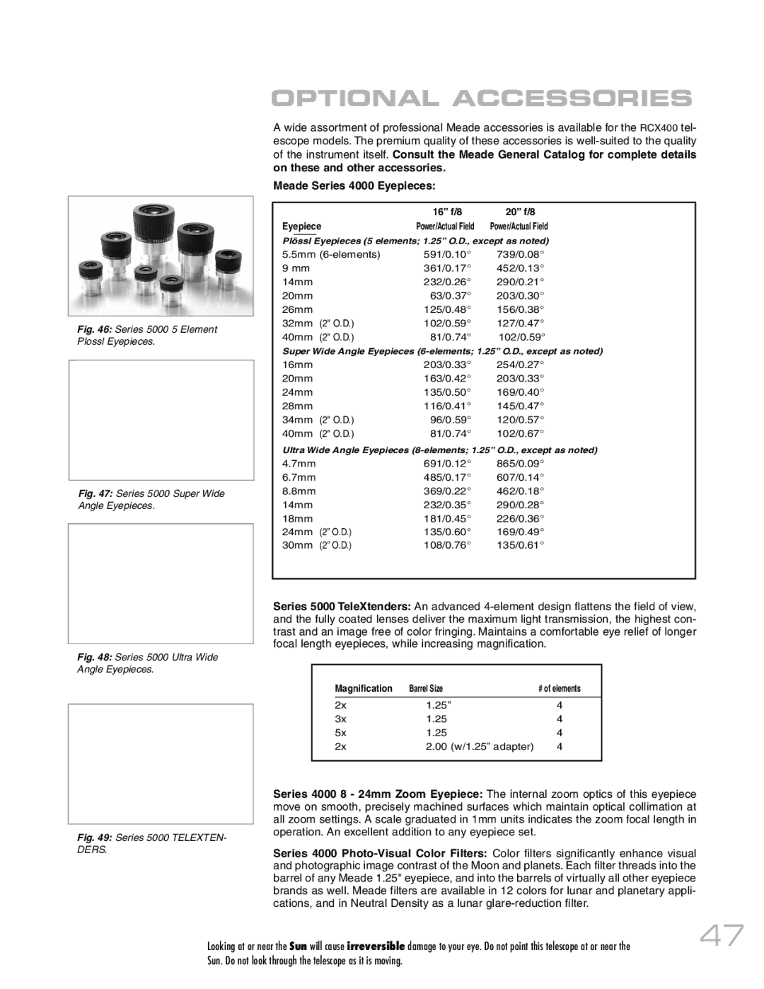 Meade RCX400 instruction manual Optional Accessories, Meade Series 4000 Eyepieces 