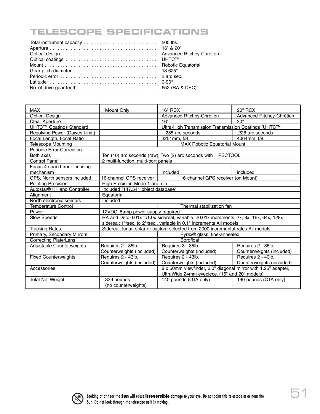 Meade RCX400 instruction manual Telescope Specifications 