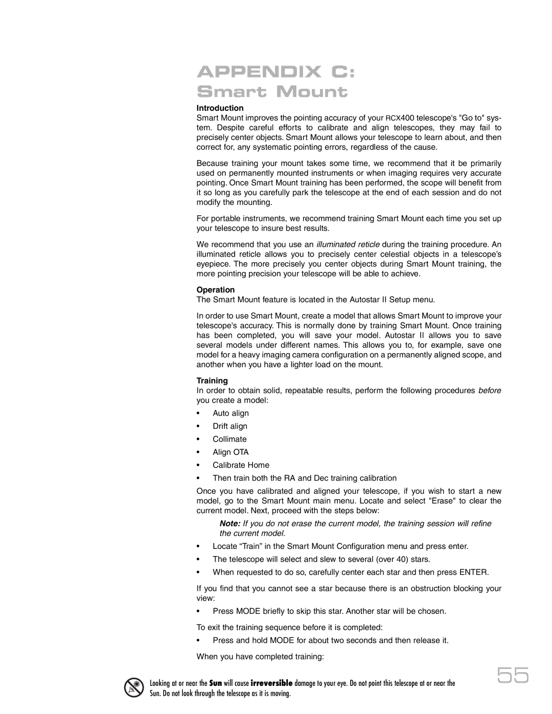 Meade RCX400 instruction manual Appendix C, Introduction, Operation, Training 