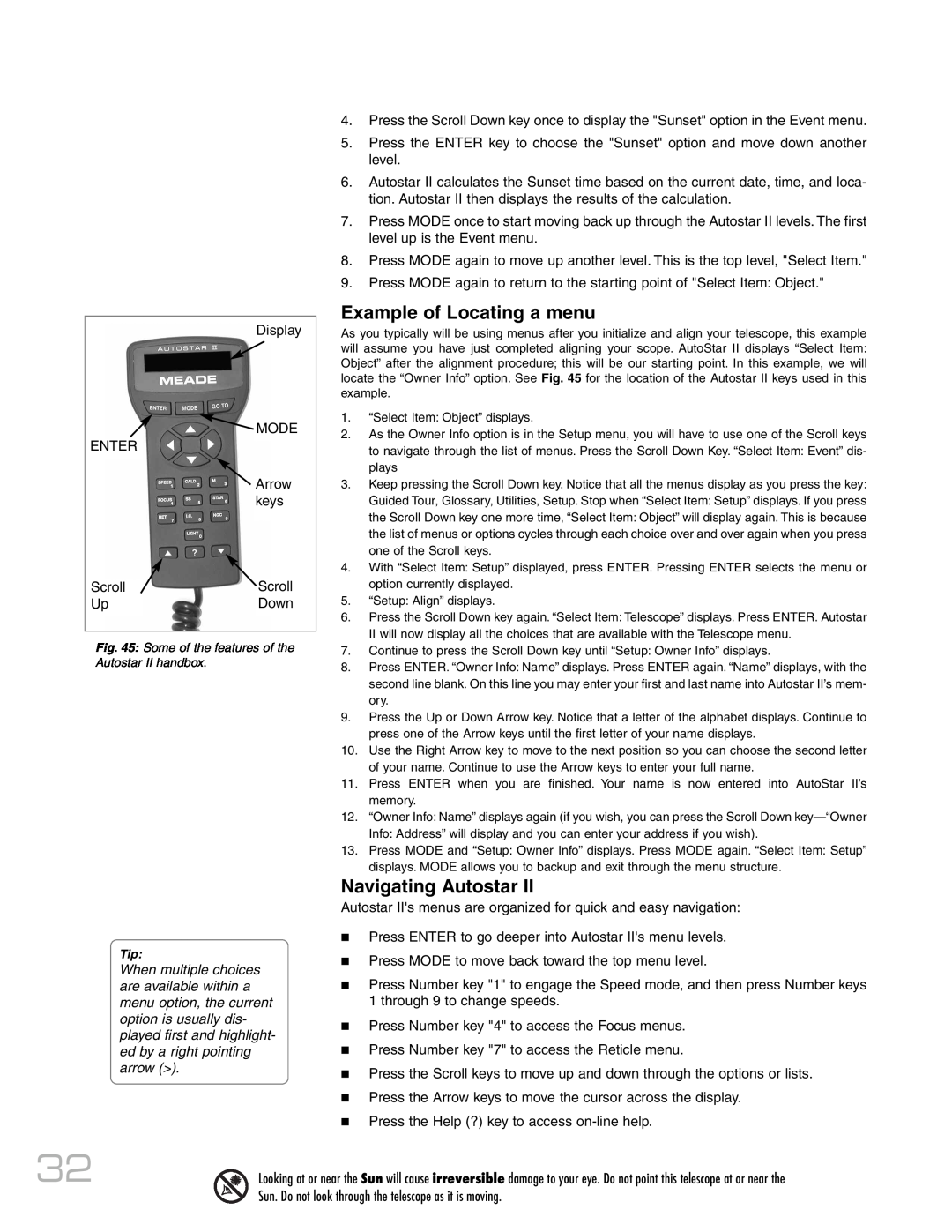 Meade RCX400 instruction manual Example of Locating a menu, Navigating Autostar 