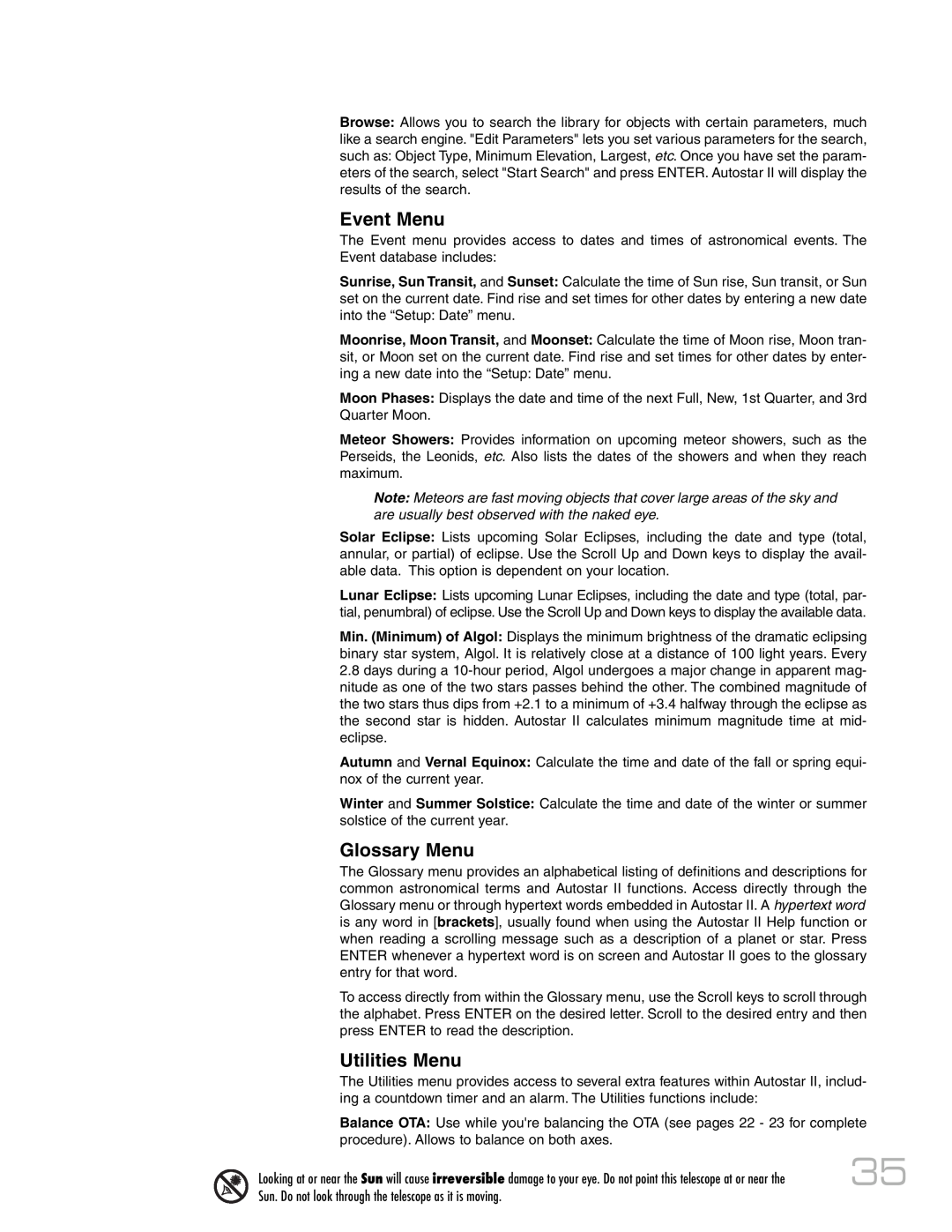 Meade RCX400 instruction manual Event Menu, Glossary Menu, Utilities Menu 