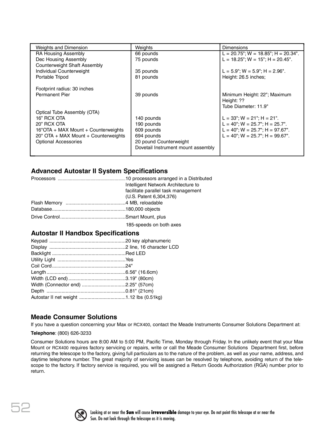 Meade RCX400 Advanced Autostar II System Specifications, Autostar II Handbox Specifications, Meade Consumer Solutions 