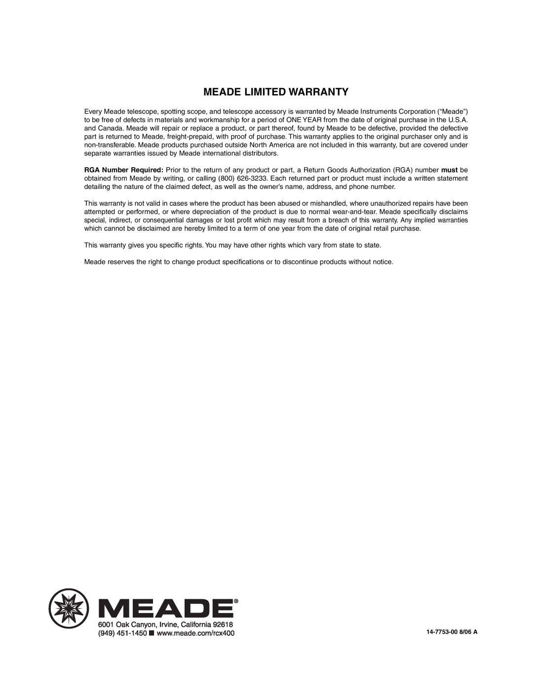 Meade RCX400 instruction manual Meade Limited Warranty, 14-7753-008/06 A 