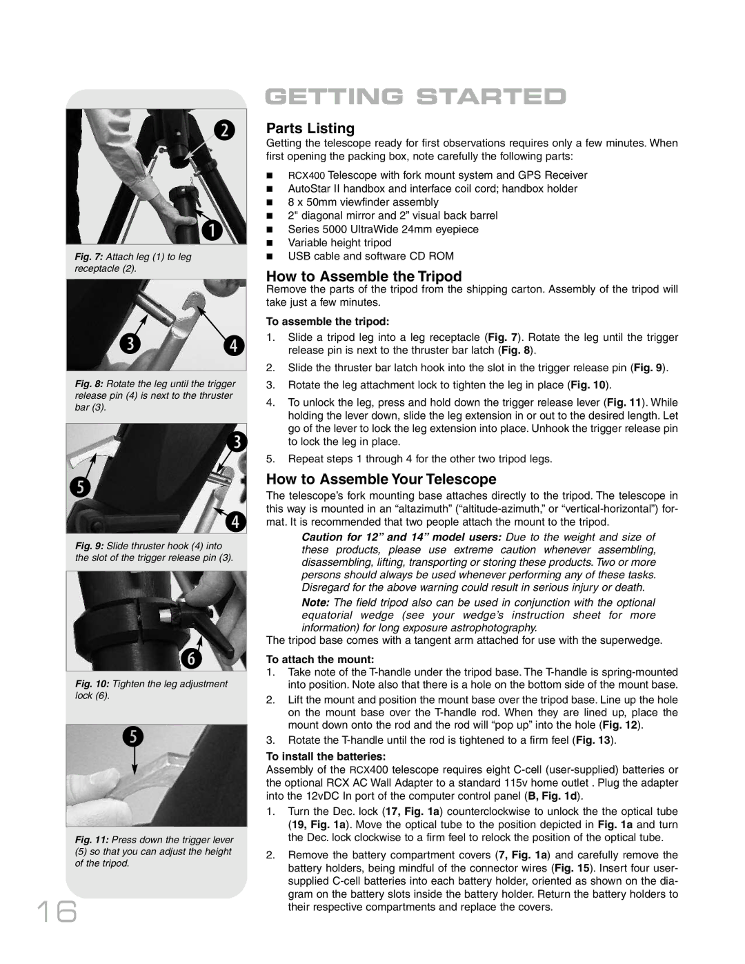 Meade RCX400TM Getting Started, Parts Listing, How to Assemble the Tripod, How to Assemble Your Telescope 