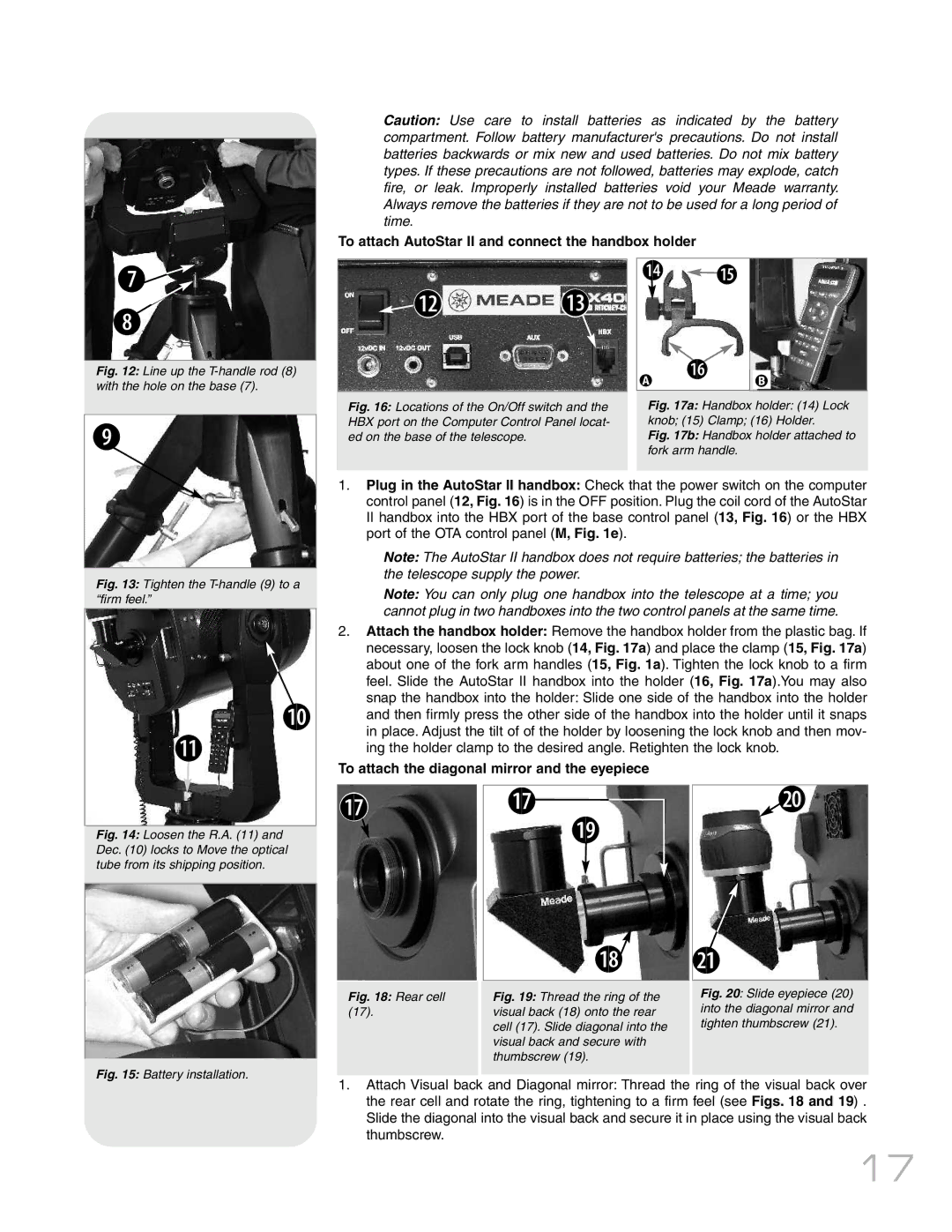 Meade RCX400TM To attach AutoStar II and connect the handbox holder, To attach the diagonal mirror and the eyepiece 