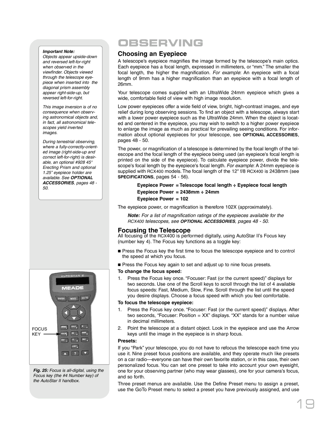 Meade RCX400TM instruction manual Observing, Choosing an Eyepiece, To focus the telescope eyepiece, Presets 