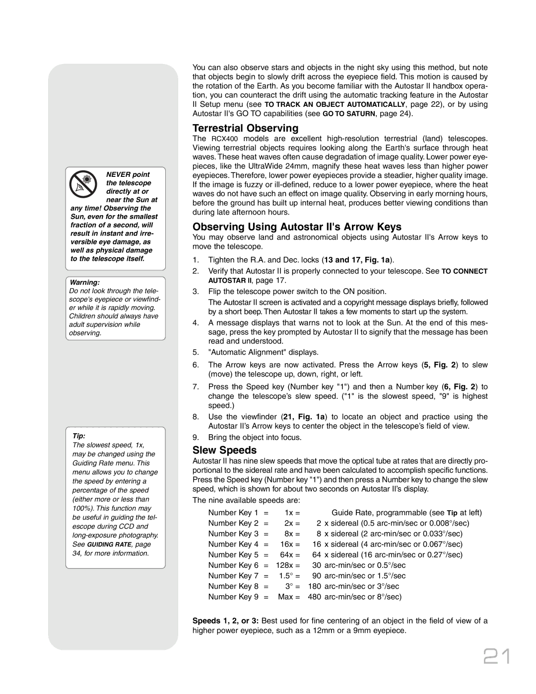 Meade RCX400TM instruction manual Terrestrial Observing, Observing Using Autostar IIs Arrow Keys, Slew Speeds 