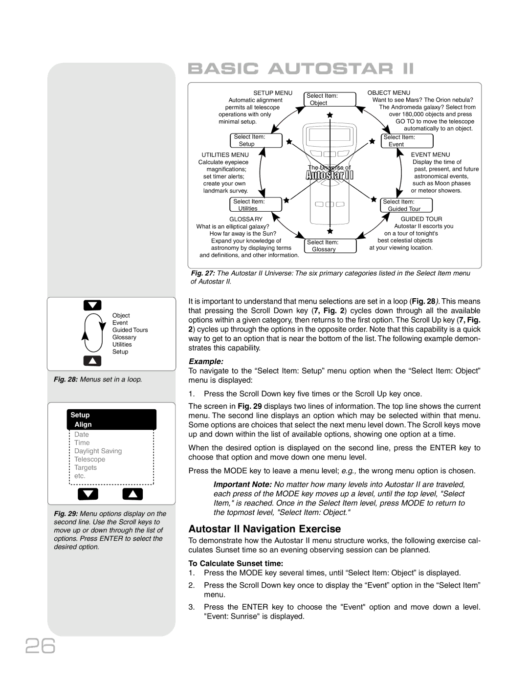 Meade RCX400TM instruction manual Basic Autostar, Autostar II Navigation Exercise, To Calculate Sunset time 