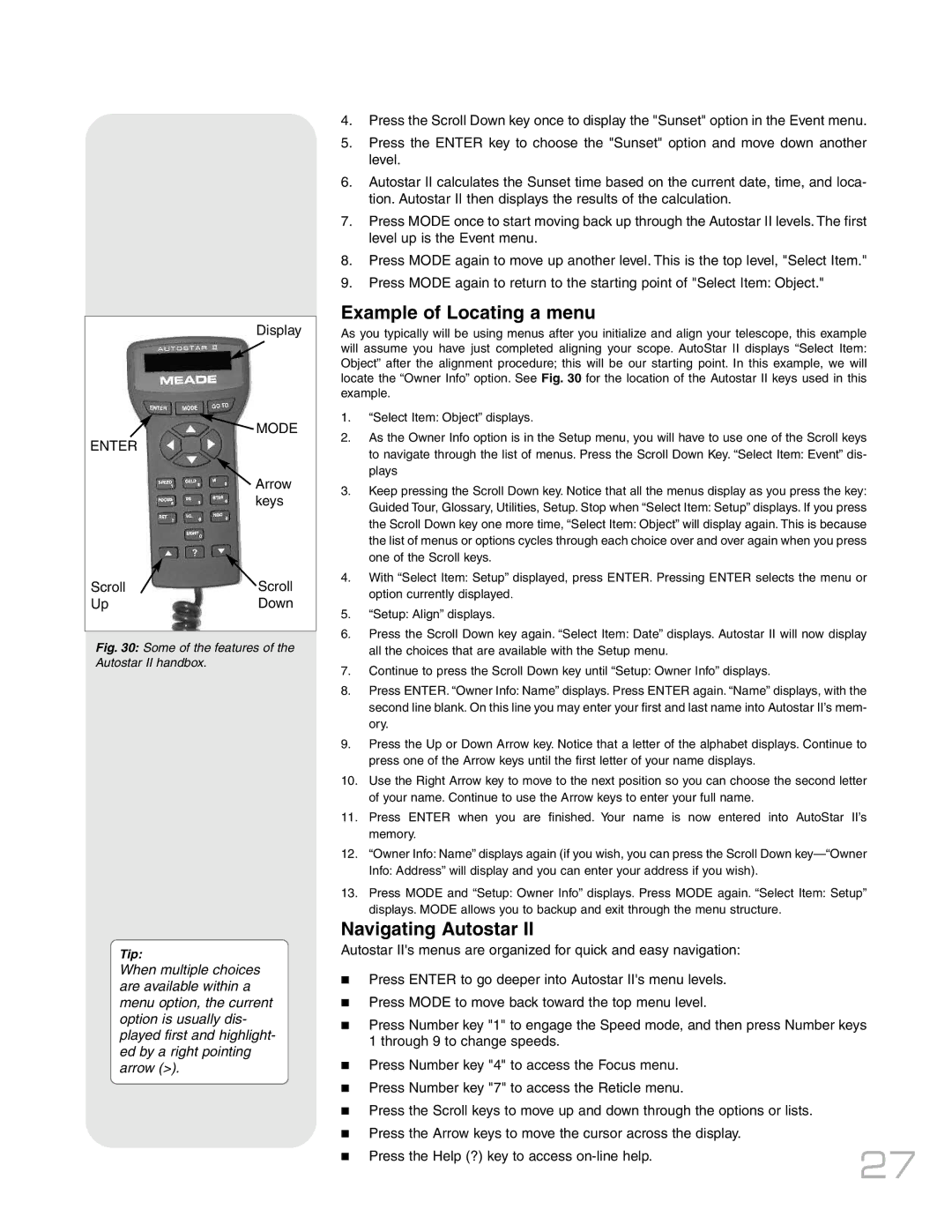 Meade RCX400TM instruction manual Example of Locating a menu, Navigating Autostar 