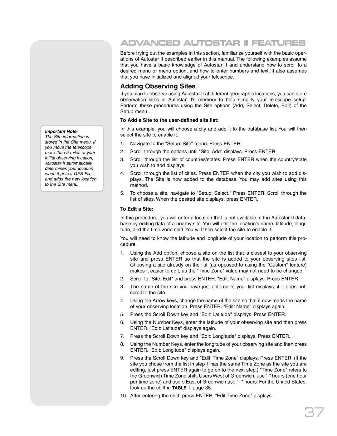 Meade RCX400TM instruction manual Adding Observing Sites, To Add a Site to the user-defined site list, To Edit a Site 